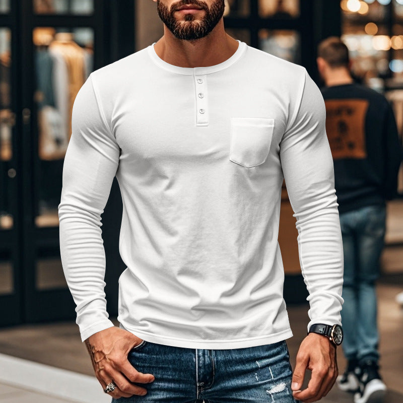 Herren långärmad Henley-tröja med strukturerad bomullsyta och bröstficka Eva Jonsson-Eva Jonsson