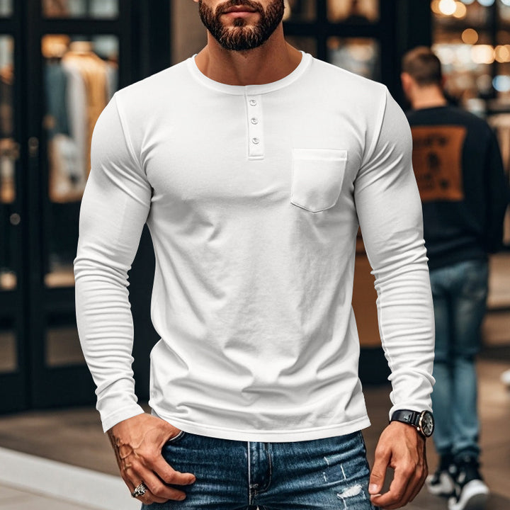 Herren långärmad Henley-tröja med strukturerad bomullsyta och bröstficka Eva Jonsson-Eva Jonsson