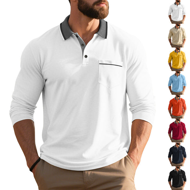 Herren långärmad polo-shirt med moderiktig krage och praktisk bröstficka Mirla-Eva Jonsson