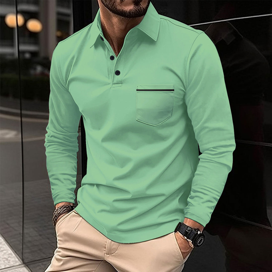 Herren långärmad polotröja med bröstficka och modet ståkrage Mirla-Eva Jonsson