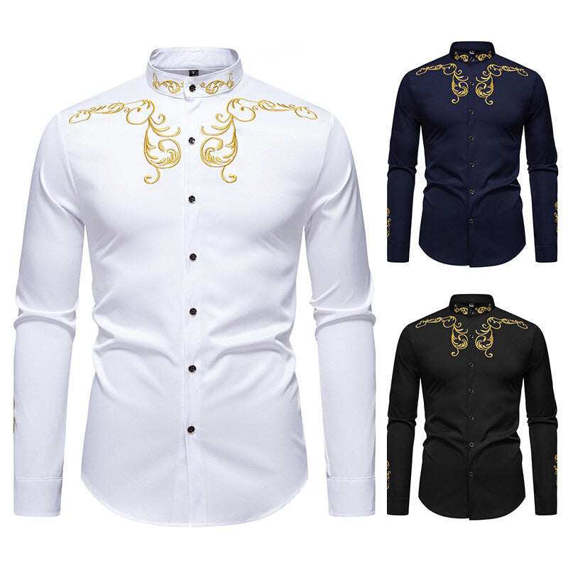 Herren långärmad skjorta med elegant broderi och modern krage Eva Jonsson-Eva Jonsson