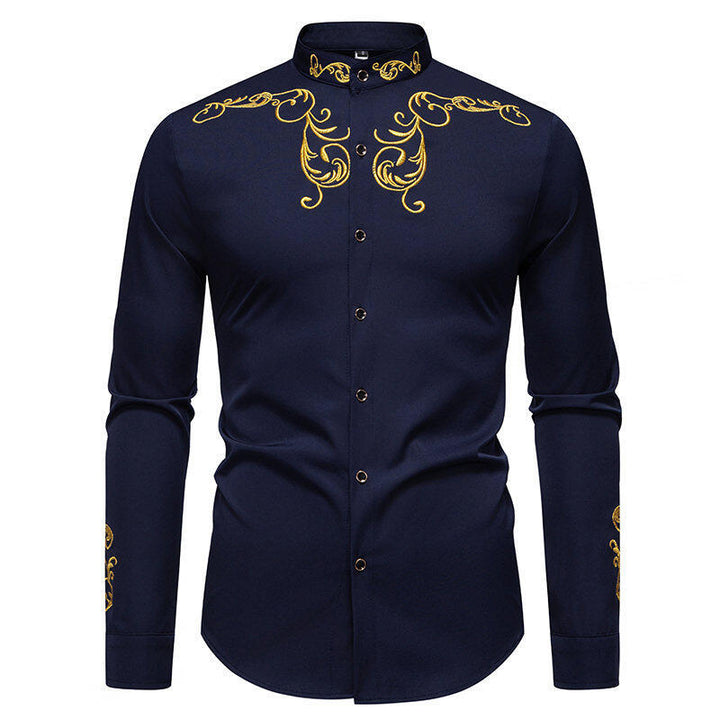 Herren långärmad skjorta med elegant broderi och modern krage Mirla-Eva Jonsson