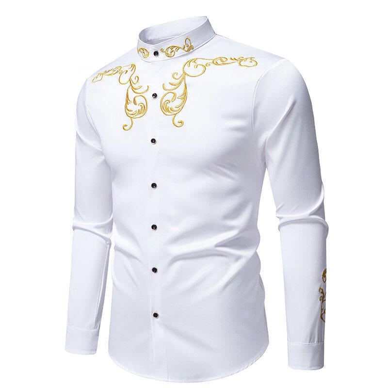 Herren långärmad skjorta med elegant broderi och modern krage Mirla-Eva Jonsson