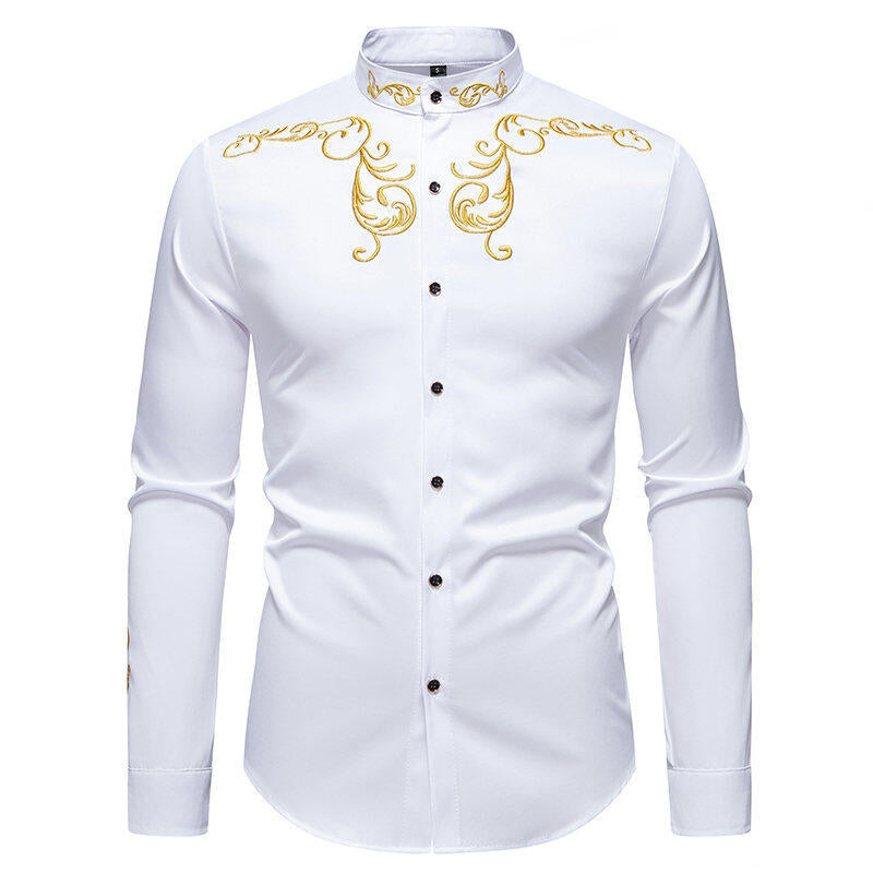 Herren långärmad skjorta med elegant broderi och modern krage Mirla-Eva Jonsson