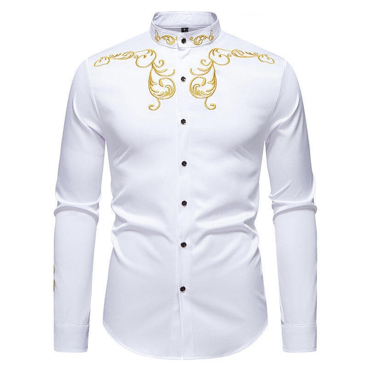 Herren långärmad skjorta med elegant broderi och modern krage Mirla-Eva Jonsson