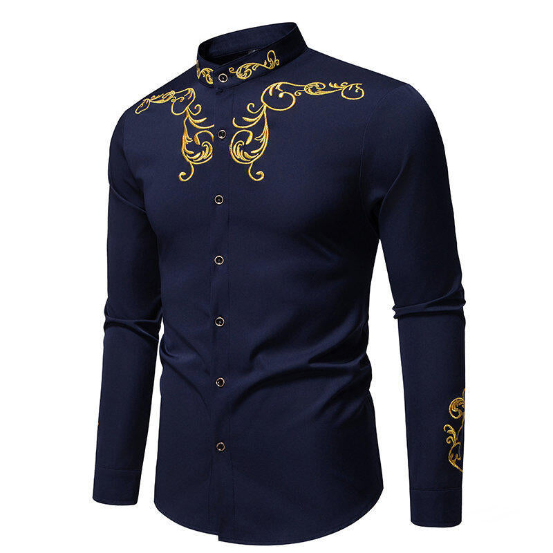 Herren långärmad skjorta med elegant broderi och modern krage Mirla-Eva Jonsson