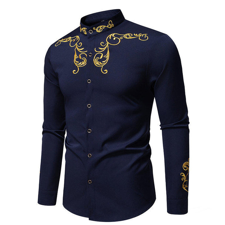 Herren långärmad skjorta med elegant broderi och modern krage Mirla-Eva Jonsson