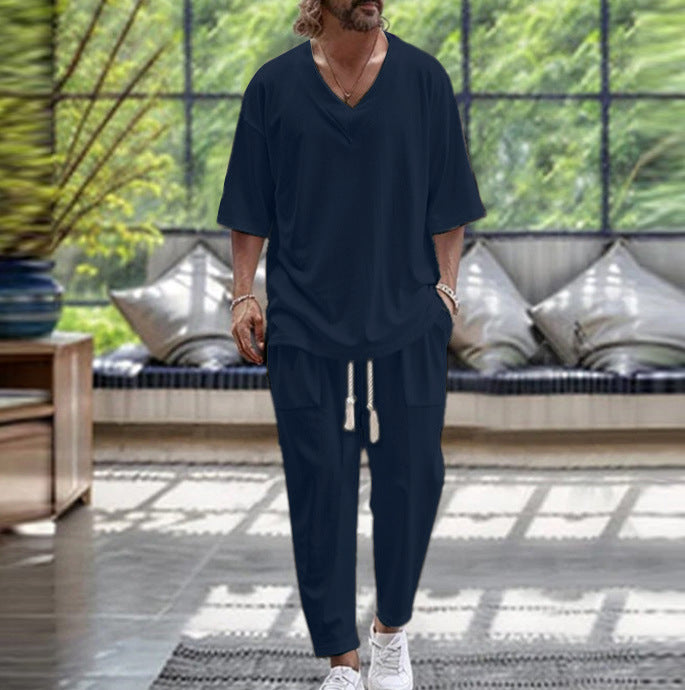 Herren ledig fritidsdräkt-set med V-hals och elastiska muddar Mirla-Eva Jonsson