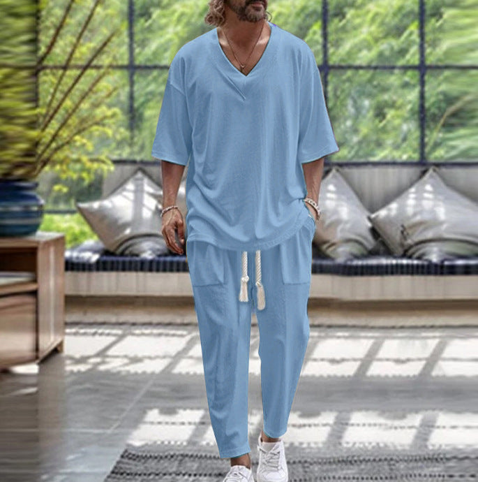 Herren ledig fritidsdräkt-set med V-hals och elastiska muddar Mirla-Eva Jonsson