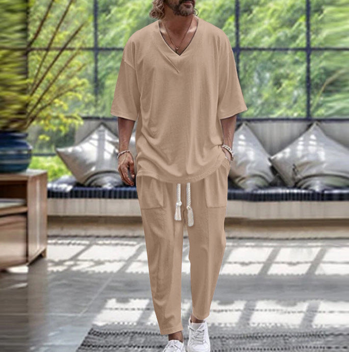 Herren ledig fritidsdräkt-set med V-hals och elastiska muddar Mirla-Eva Jonsson