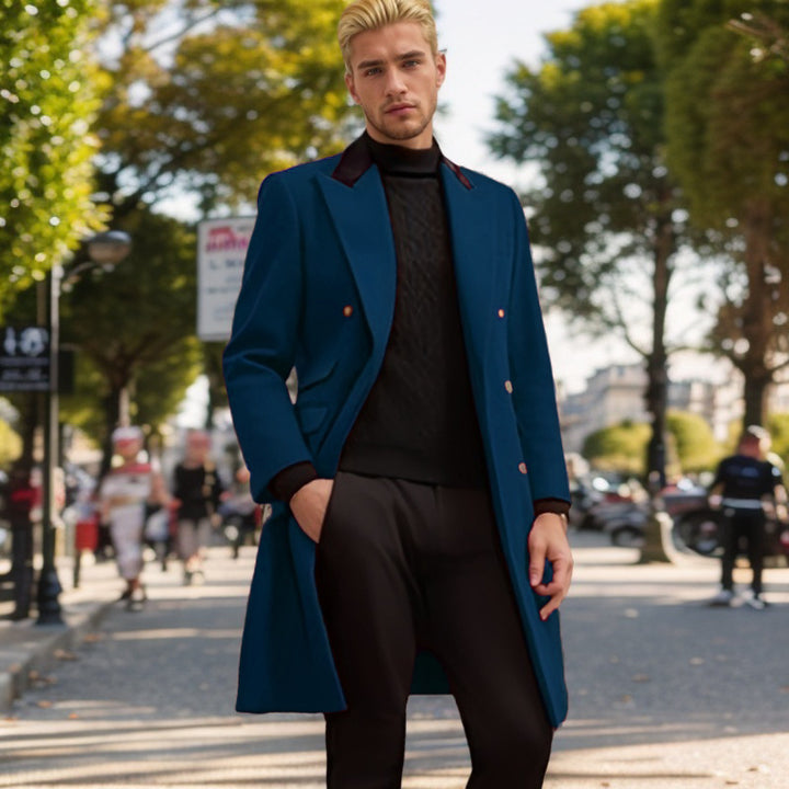Herren modern Urban-mantel med dubbel knapprad och sammetskrage Mirla-Eva Jonsson
