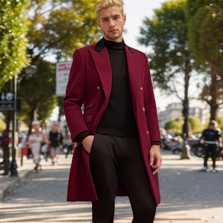 Herren modern Urban-mantel med dubbel knapprad och sammetskrage Mirla-Eva Jonsson