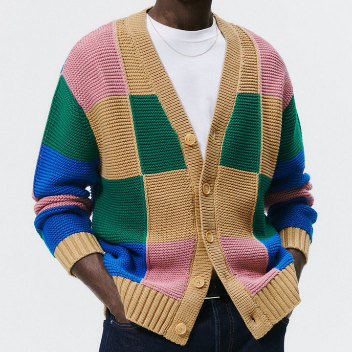 Herren randig stickad cardigan med färgglad blokkdesign Mirla-Eva Jonsson