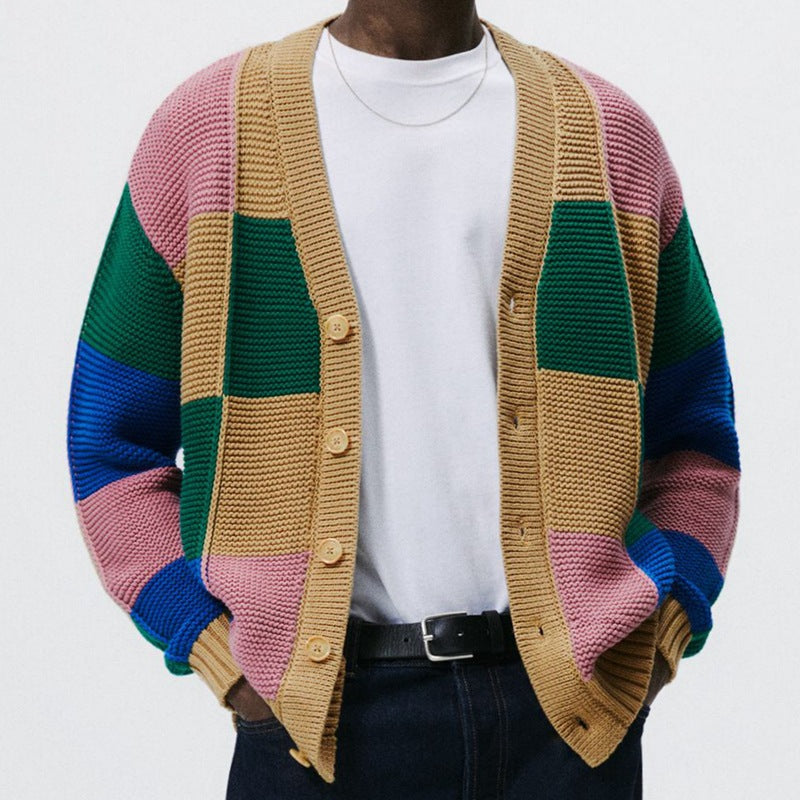 Herren randig stickad cardigan med färgglad blokkdesign Mirla-Eva Jonsson