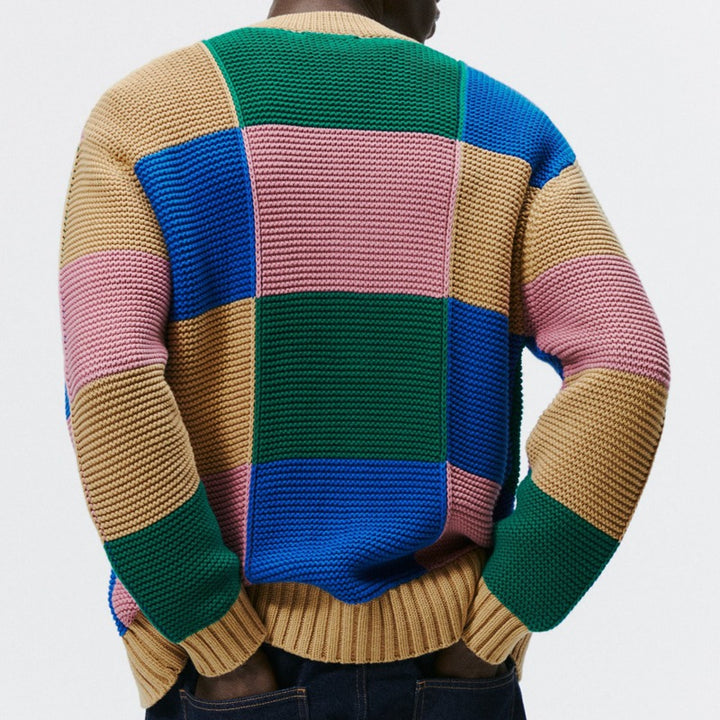Herren randig stickad cardigan med färgglad blokkdesign Mirla-Eva Jonsson