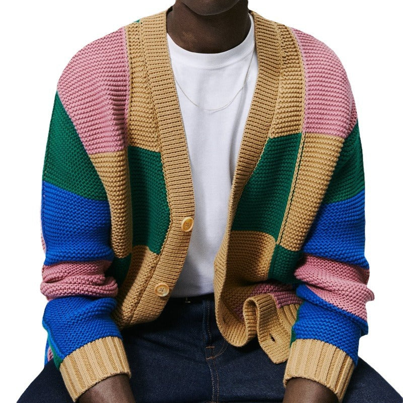 Herren randig stickad cardigan med färgglad blokkdesign Mirla-Eva Jonsson