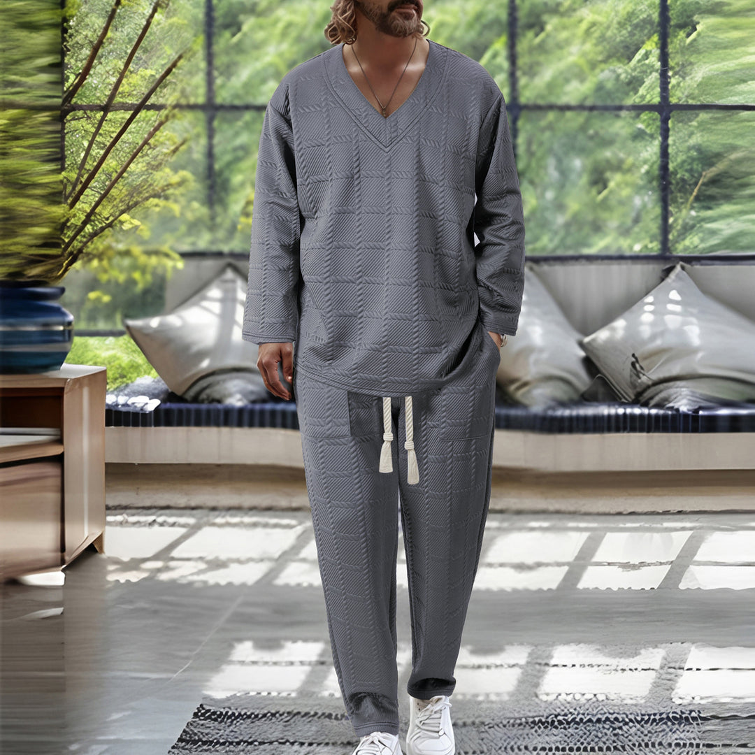 Herrens avslappnad V-ringad fritidsdräkt med strukturerad design Mirla-Eva Jonsson