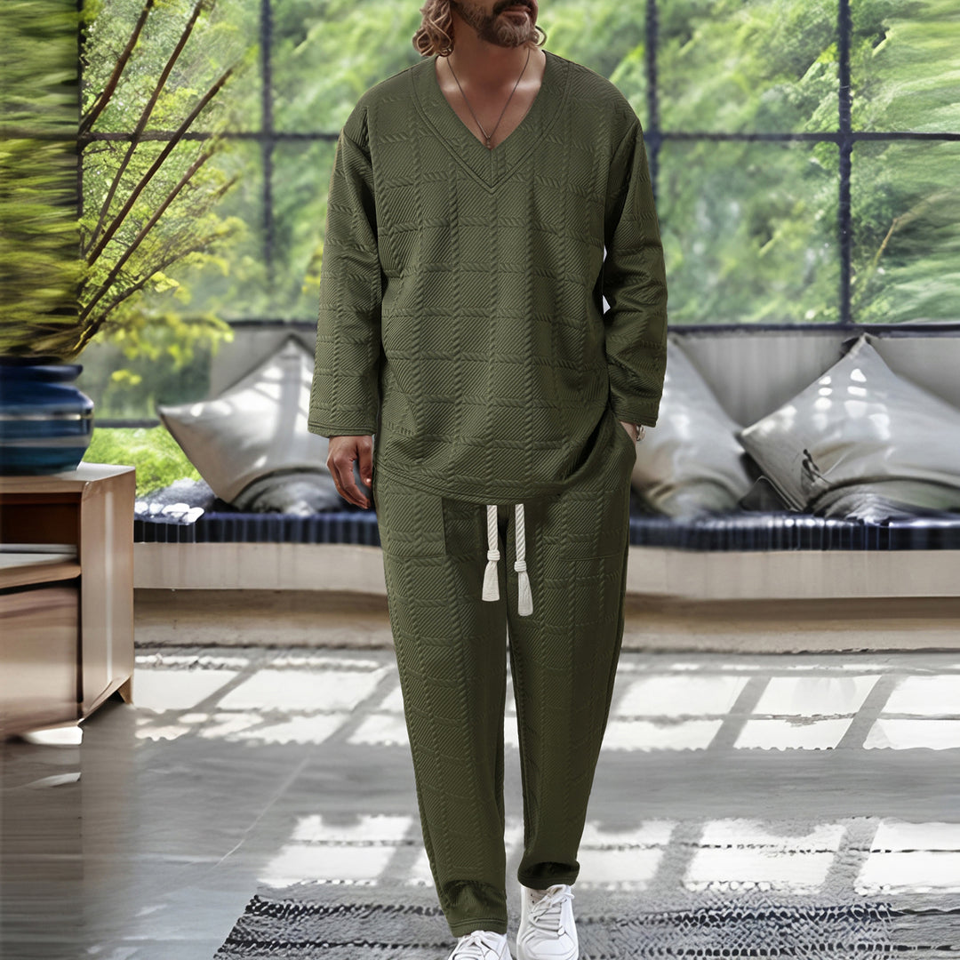 Herrens avslappnad V-ringad fritidsdräkt med strukturerad design Mirla-Eva Jonsson