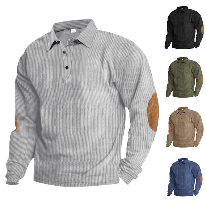 Herrens avslappnade långärmad Henley-T-shirt med strukturerad ribbväv och kontrasterande armbågsfläckar Eva Jonsson-Eva Jonsson