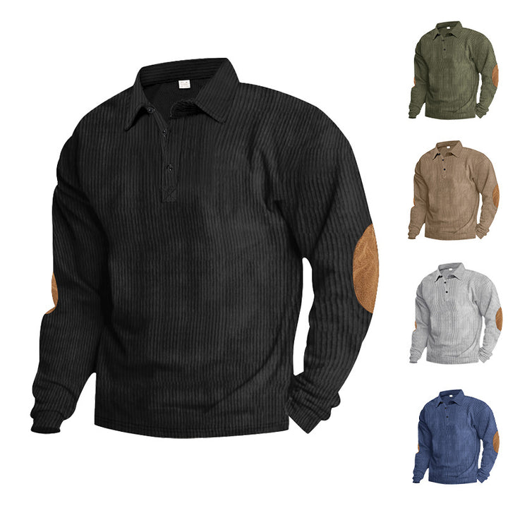 Herrens avslappnade långärmad Henley-T-shirt med strukturerad ribbväv och kontrasterande armbågsfläckar Eva Jonsson-Eva Jonsson