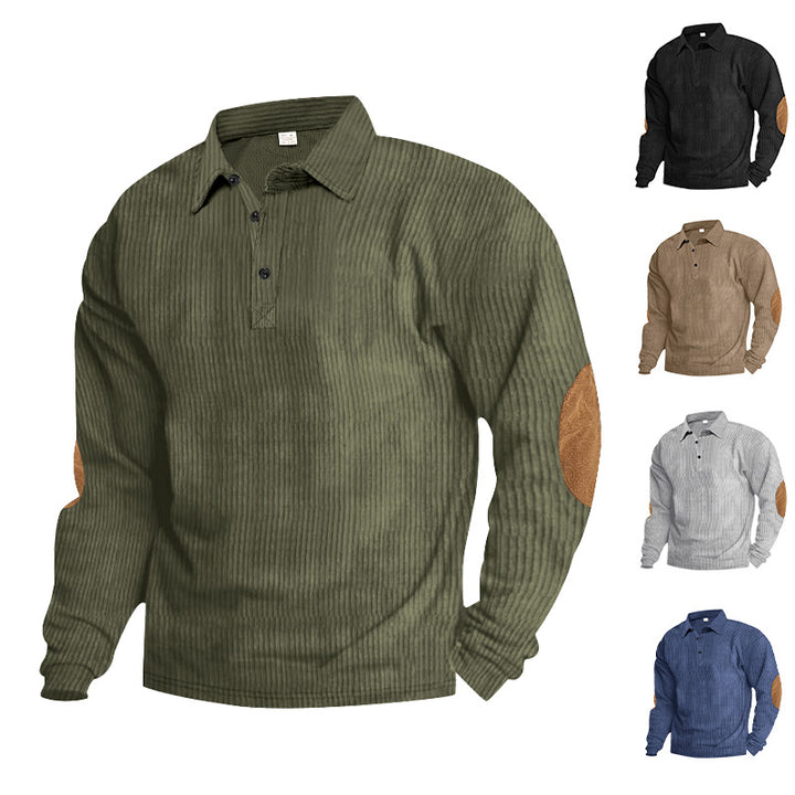 Herrens avslappnade långärmad Henley-T-shirt med strukturerad ribbväv och kontrasterande armbågsfläckar Eva Jonsson-Eva Jonsson