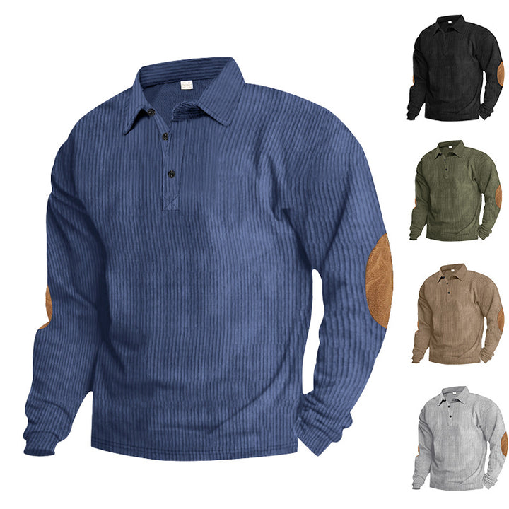 Herrens avslappnade långärmad Henley-T-shirt med strukturerad ribbväv och kontrasterande armbågsfläckar Eva Jonsson-Eva Jonsson