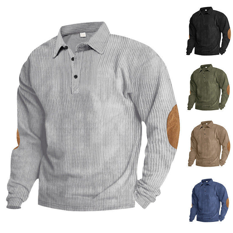 Herrens avslappnade långärmad Henley-T-shirt med strukturerad ribbväv och kontrasterande armbågsfläckar Mirla-Eva Jonsson
