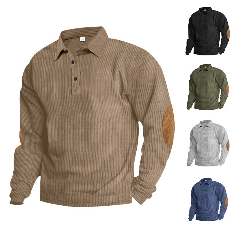 Herrens avslappnade långärmad Henley-T-shirt med strukturerad ribbväv och kontrasterande armbågsfläckar Mirla-Eva Jonsson
