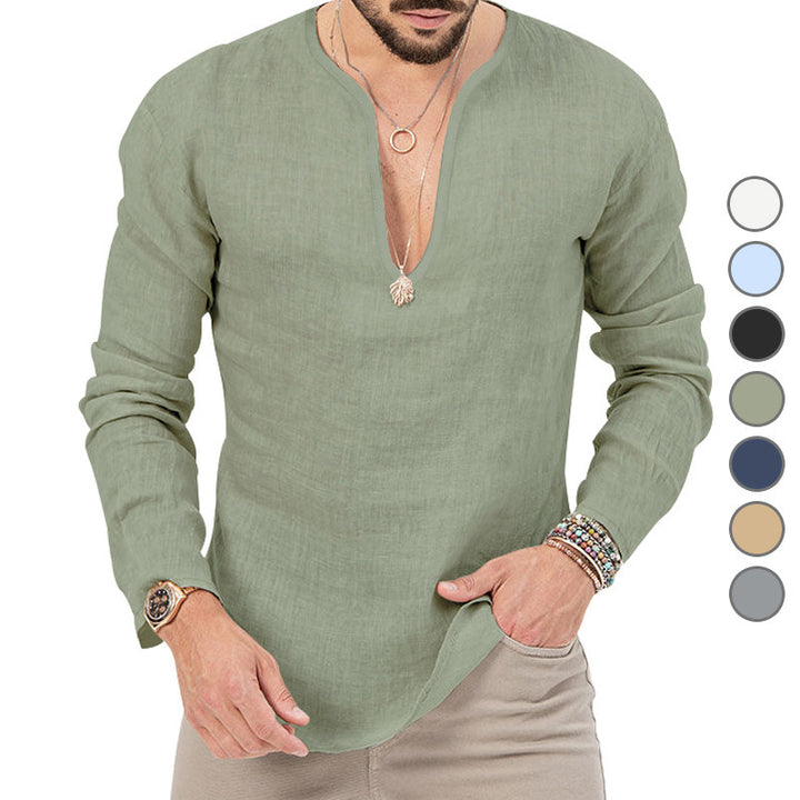 Herrens avslappnade linne-skjorta med djup V-urringning och bekväm passform Mirla-Eva Jonsson