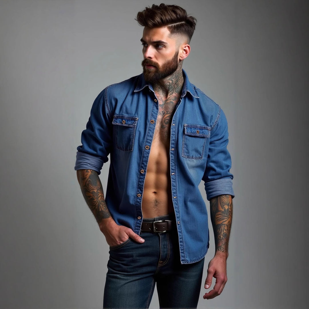 Herrens casual denim skjortjacka med två påsydda fickor Mirla-Eva Jonsson