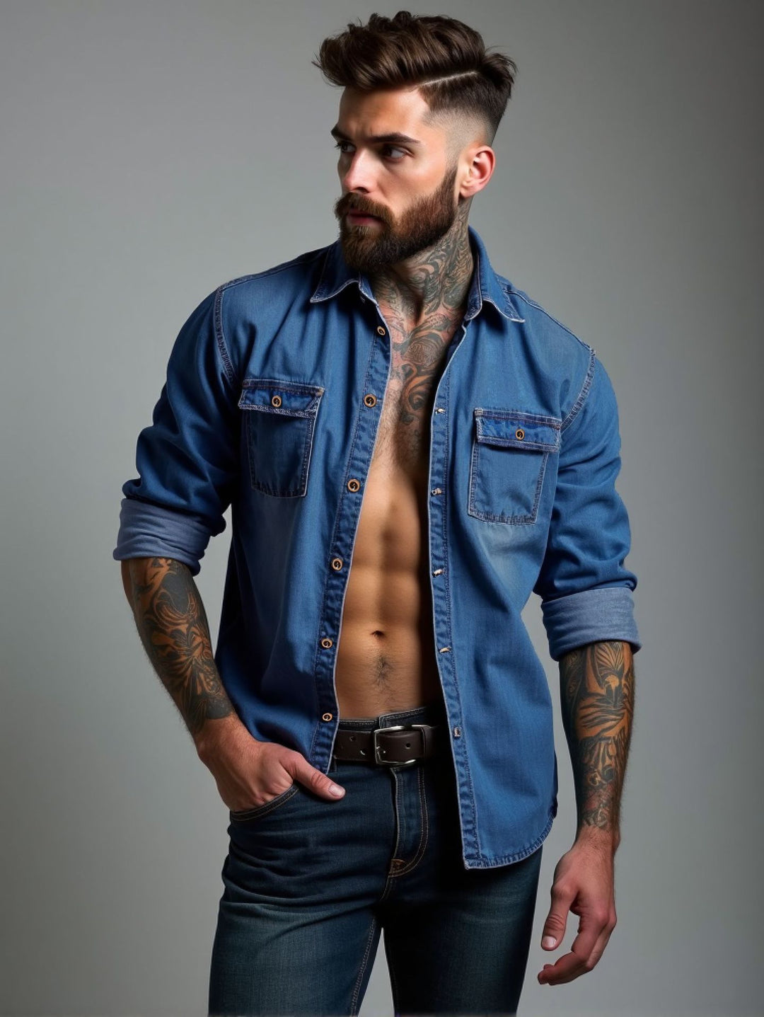 Herrens casual denim skjortjacka med två påsydda fickor Mirla-Eva Jonsson