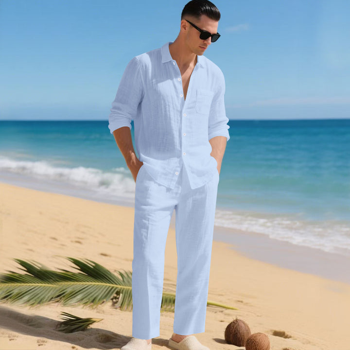 Herrens lätt linen outfit med stilskjorta och elegant byxa Mirla-Eva Jonsson