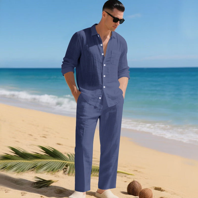 Herrens lätt linen outfit med stilskjorta och elegant byxa Mirla-Eva Jonsson