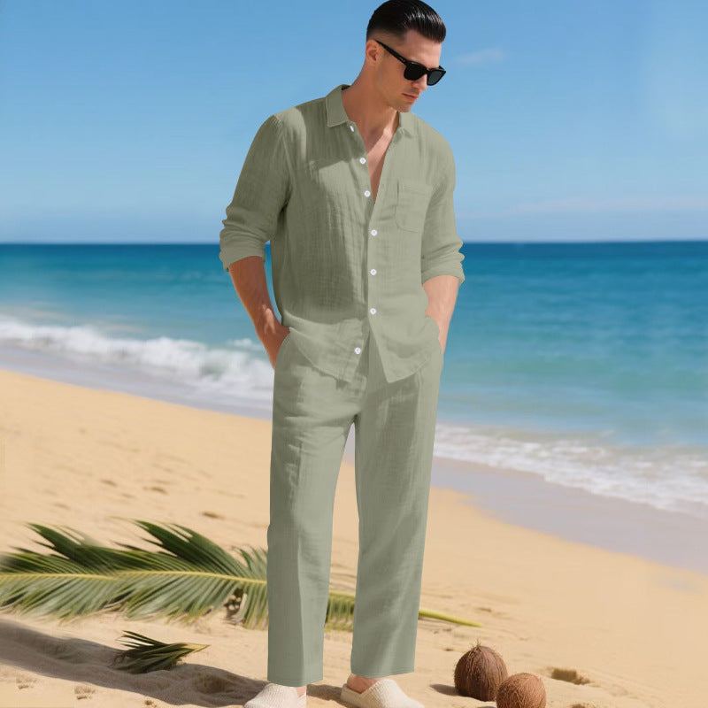 Herrens lätt linen outfit med stilskjorta och elegant byxa Mirla-Eva Jonsson