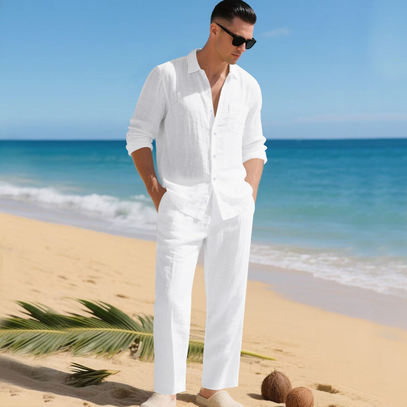 Herrens lätt linen outfit med stilskjorta och elegant byxa Mirla-Eva Jonsson