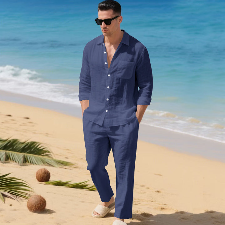 Herrens lätt linen outfit med stilskjorta och elegant byxa Mirla-Eva Jonsson
