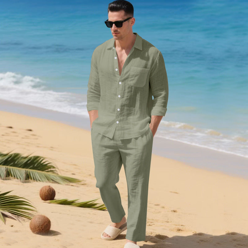 Herrens lätt linen outfit med stilskjorta och elegant byxa Mirla-Eva Jonsson