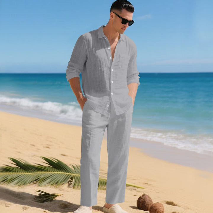 Herrens lätt linen outfit med stilskjorta och elegant byxa Mirla-Eva Jonsson