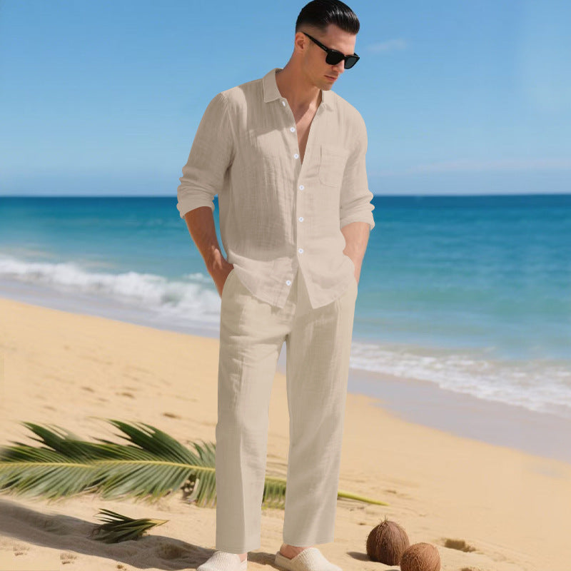 Herrens lätt linen outfit med stilskjorta och elegant byxa Mirla-Eva Jonsson