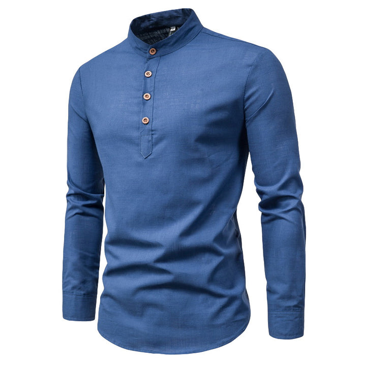 Herrens modeshirt med lång ärm, ståkrage och elegant knaplång Eva Jonsson-Eva Jonsson