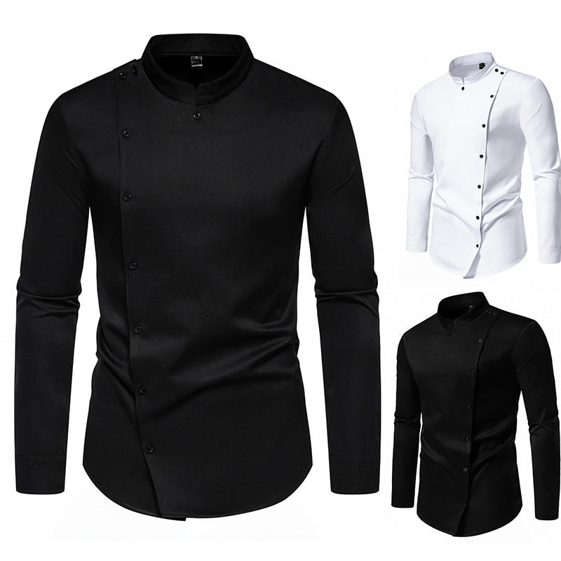 Herrens modet skjorta med asymmetrisk knappdesign och elegant ståkrage Mirla-Eva Jonsson