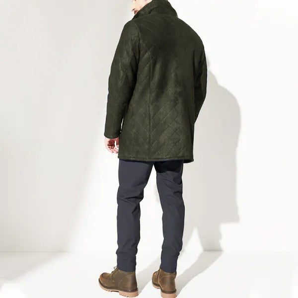 Herrens quilted long coat with teddy fur collar and practical pockets Mirla-Eva Jonsson