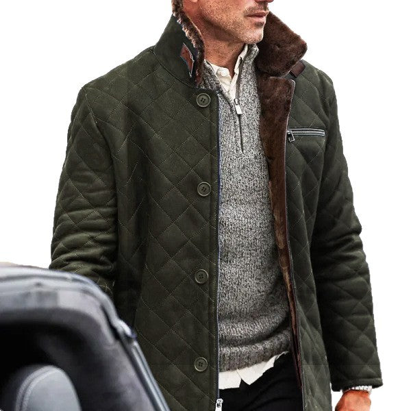 Herrens quilted long coat with teddy fur collar and practical pockets Mirla-Eva Jonsson