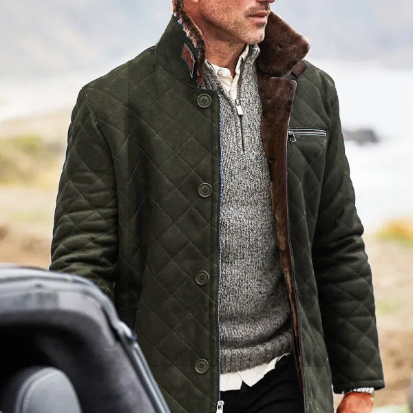 Herrens quilted long coat with teddy fur collar and practical pockets Mirla-Eva Jonsson