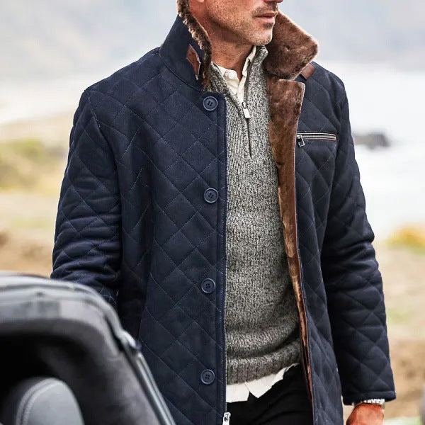 Herrens quilted long coat with teddy fur collar and practical pockets Mirla-Eva Jonsson