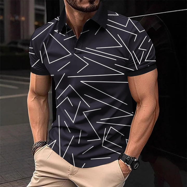 Herrpoloshirt med modern geometrisk mönster och andningsbara egenskaper Mirla-Eva Jonsson