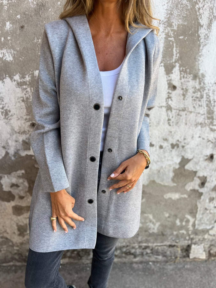 Hooded Cardigan - Damtröja med lös passform och knappar, lång cardigan och huva-Eva Jonsson