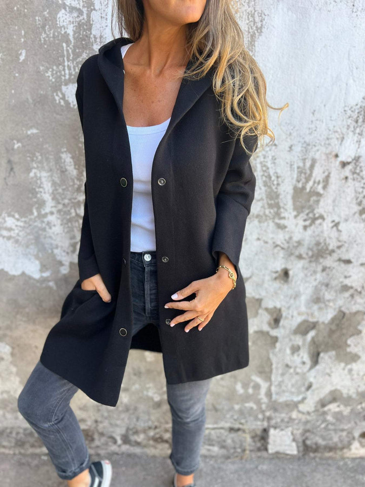 Hooded Cardigan - Damtröja med lös passform och knappar, lång cardigan och huva-Eva Jonsson