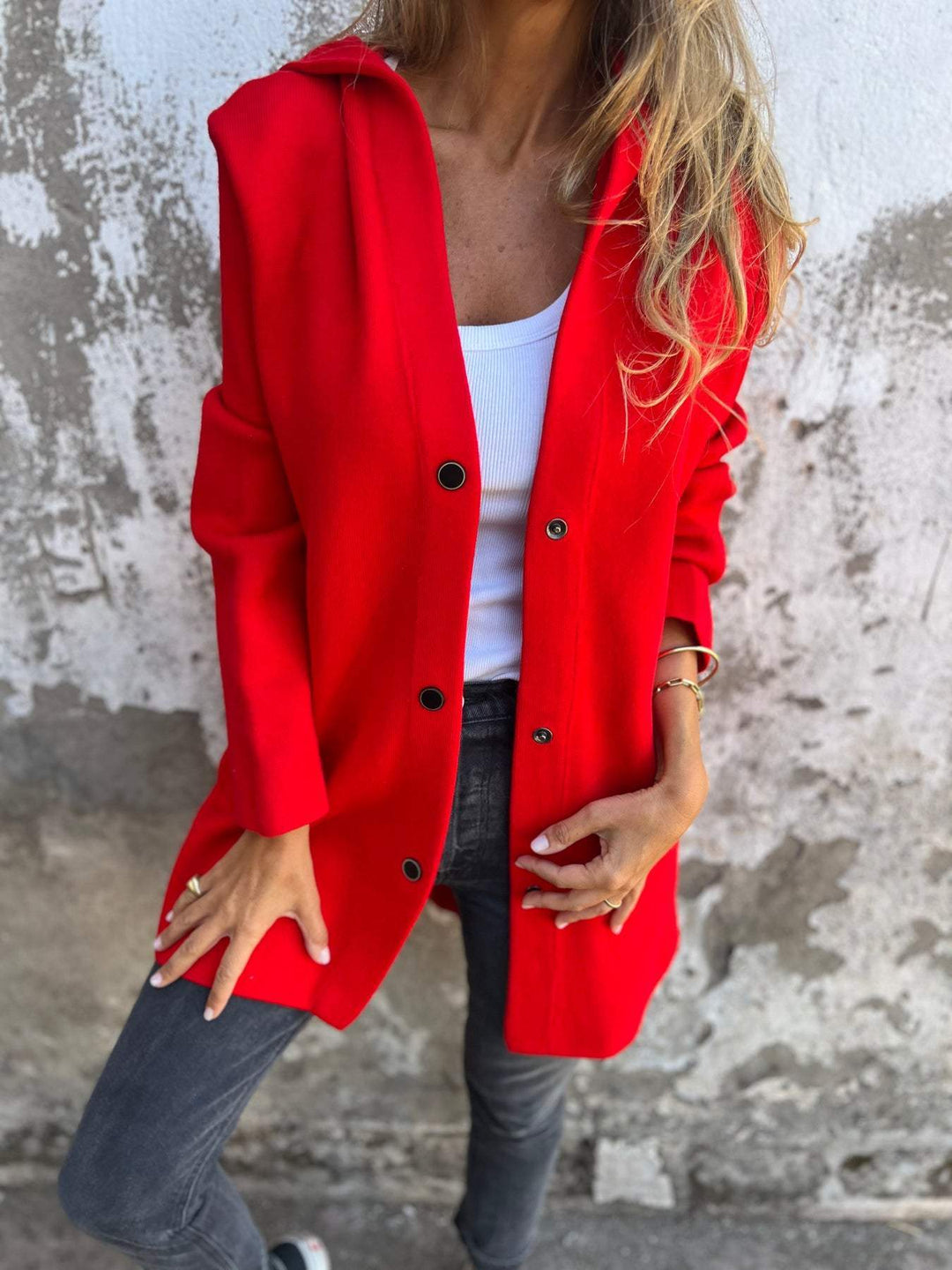Hooded Cardigan - Damtröja med lös passform och knappar, lång cardigan och huva-Eva Jonsson