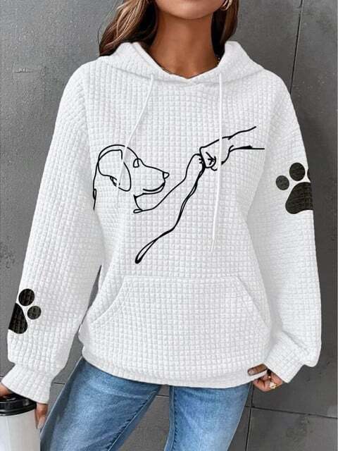Hoodie för kvinnor - Hundtryck - Känguruficka - Våfflad hoodie - Pullover Hoodie-Eva Jonsson